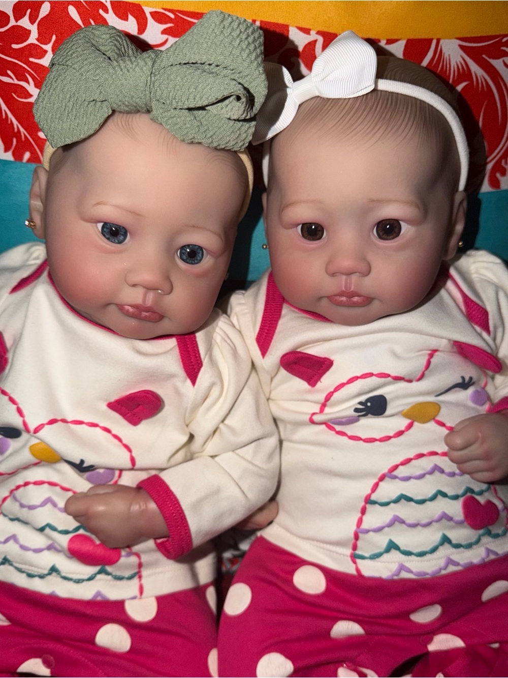 Realistic Baby Doll Twin Set - Cream & Pink Outfit with Headbands